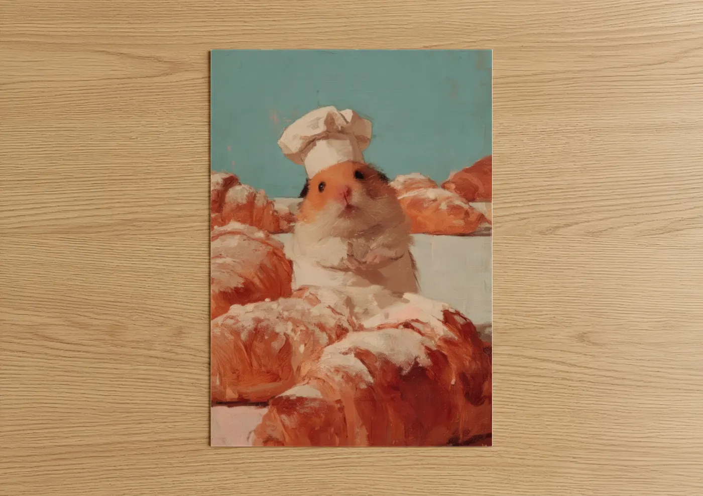Art print on warm oak wood — peach and blue and white palette — Chef Hamster poster