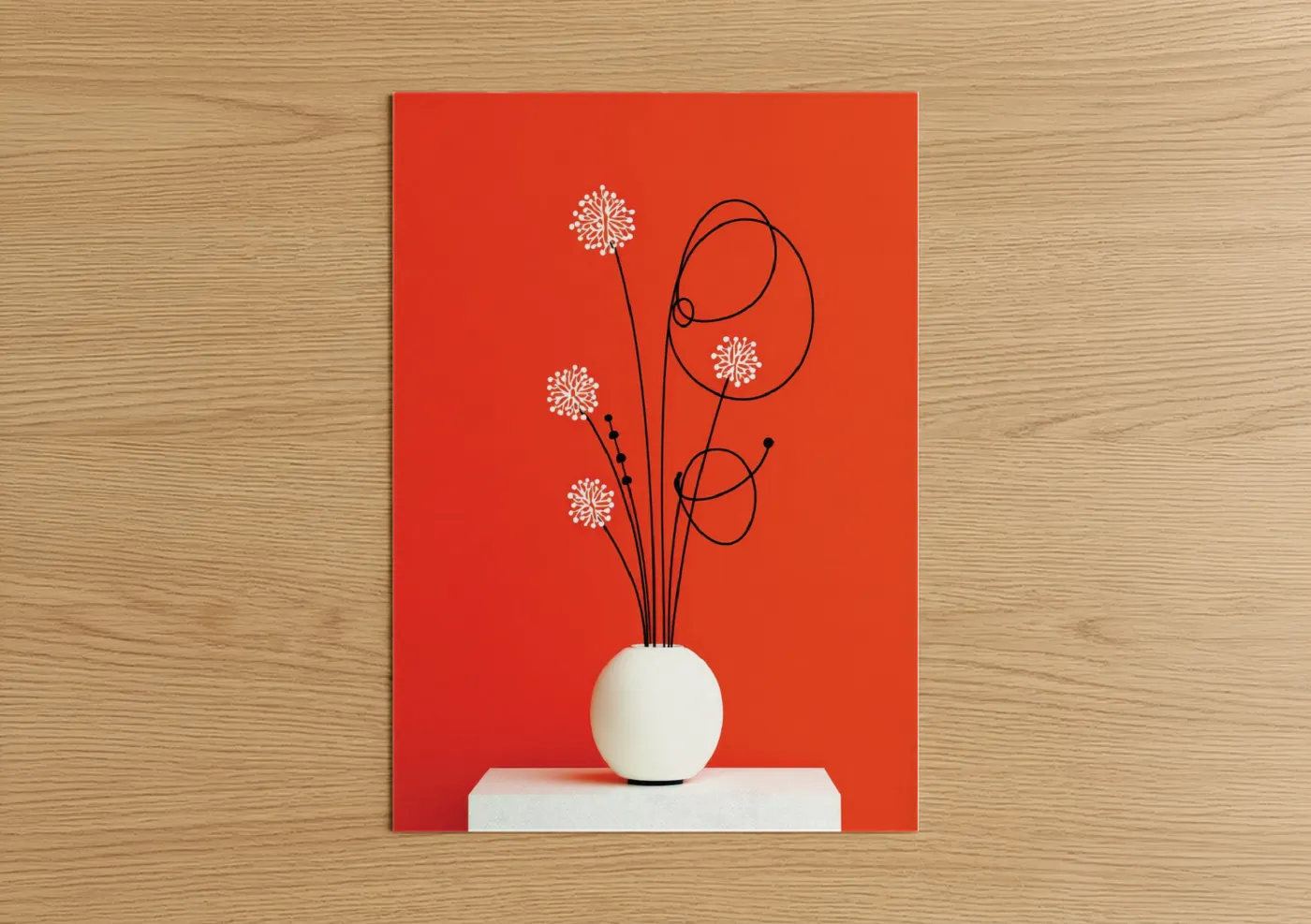 Abstract flower art print on warm oak wood — red and white palette — Modern Floral Arrangement poster