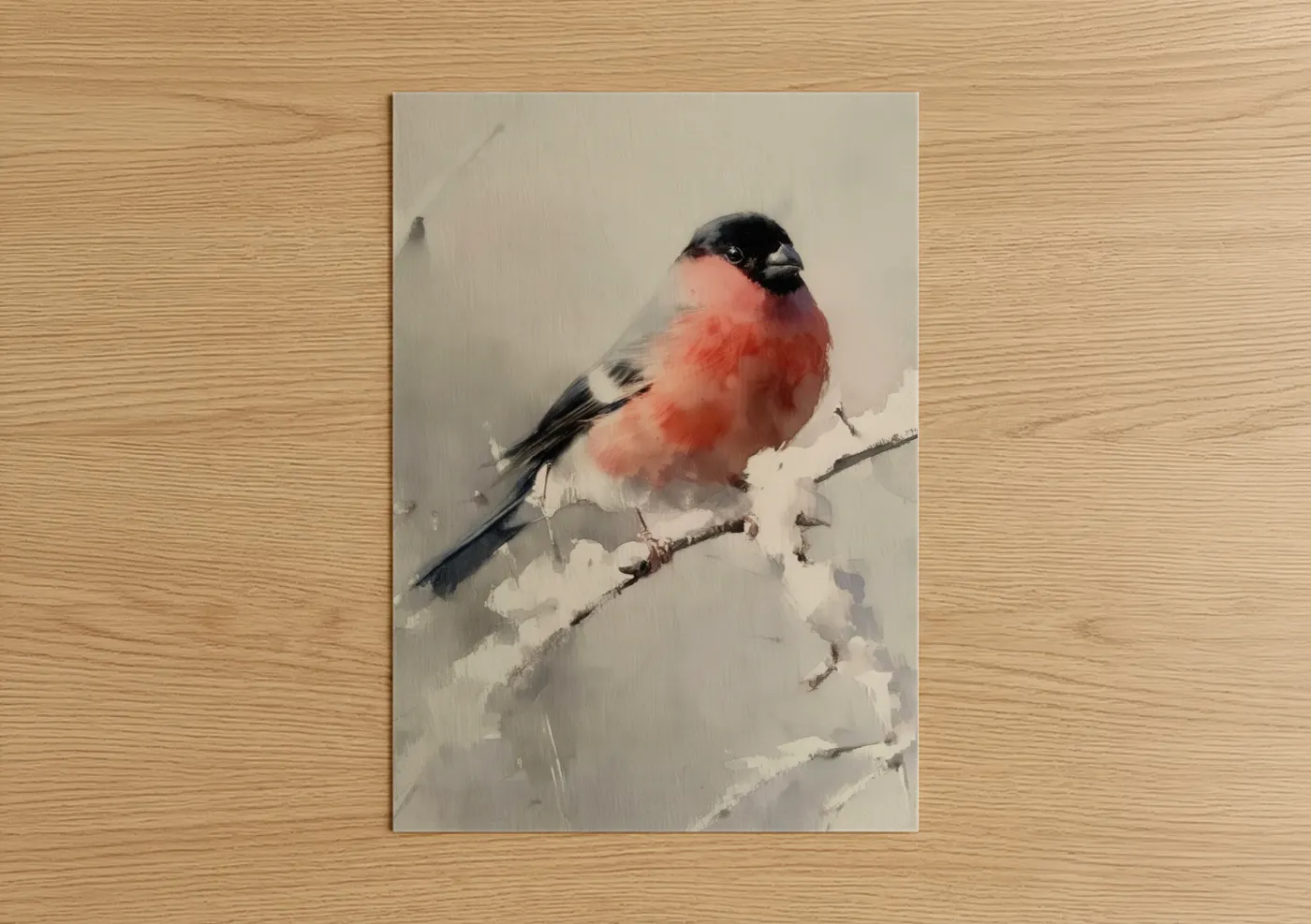 Art print on warm oak wood — peach and gray palette — Snowy Finch poster