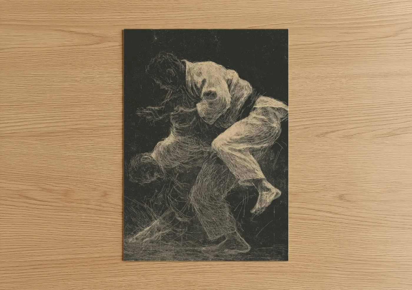Art print on warm oak wood — black and white and cream palette — Dynamic Judo Throw poster