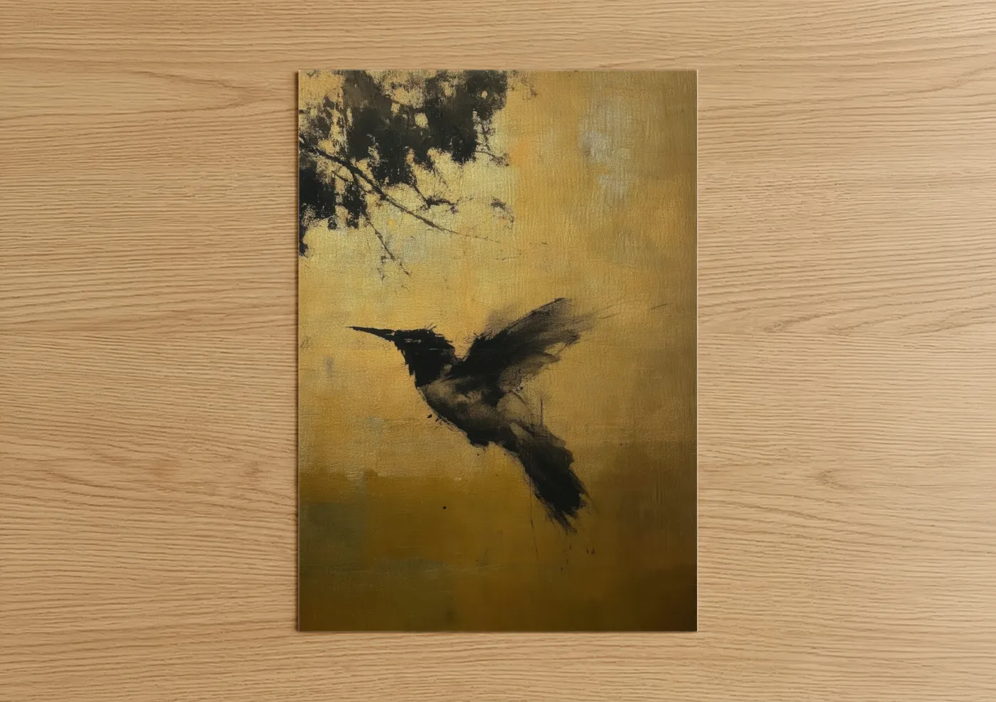 Art print on warm oak wood — gold and black palette — Golden Hummingbird poster