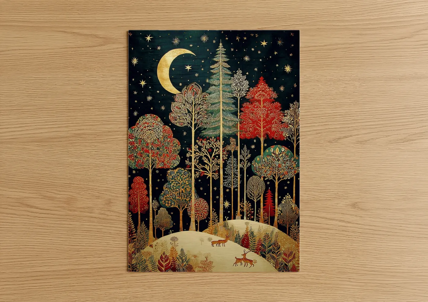 Winter forest with deer and moonlight Wall Art