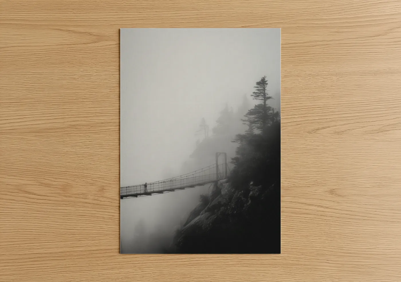 Blue ridge mountains art print on warm oak wood — black and white and gray palette — Misty Ridge Crossing poster
