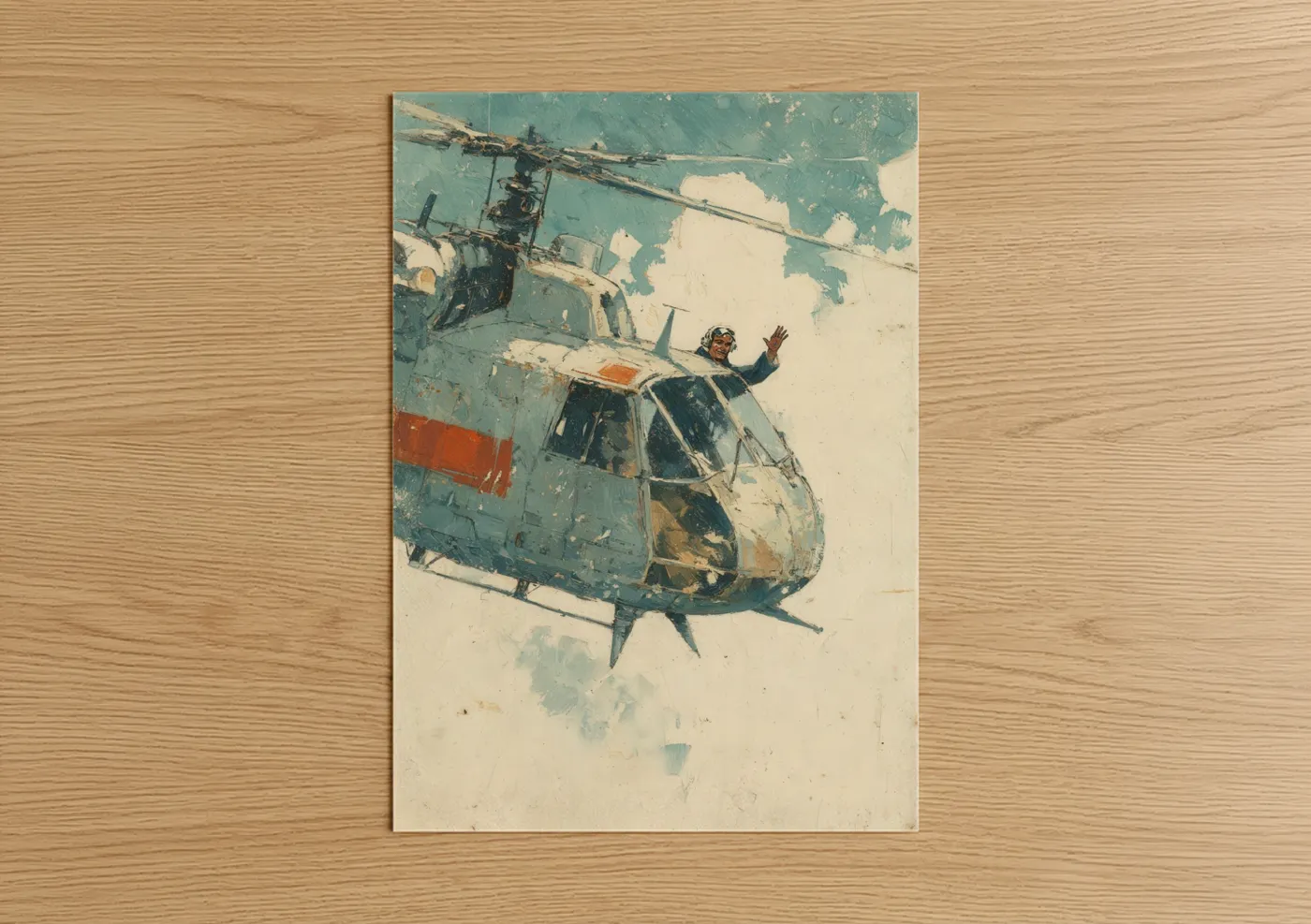 Art print on warm oak wood — teal and cream palette — Vintage Helicopter Escape poster