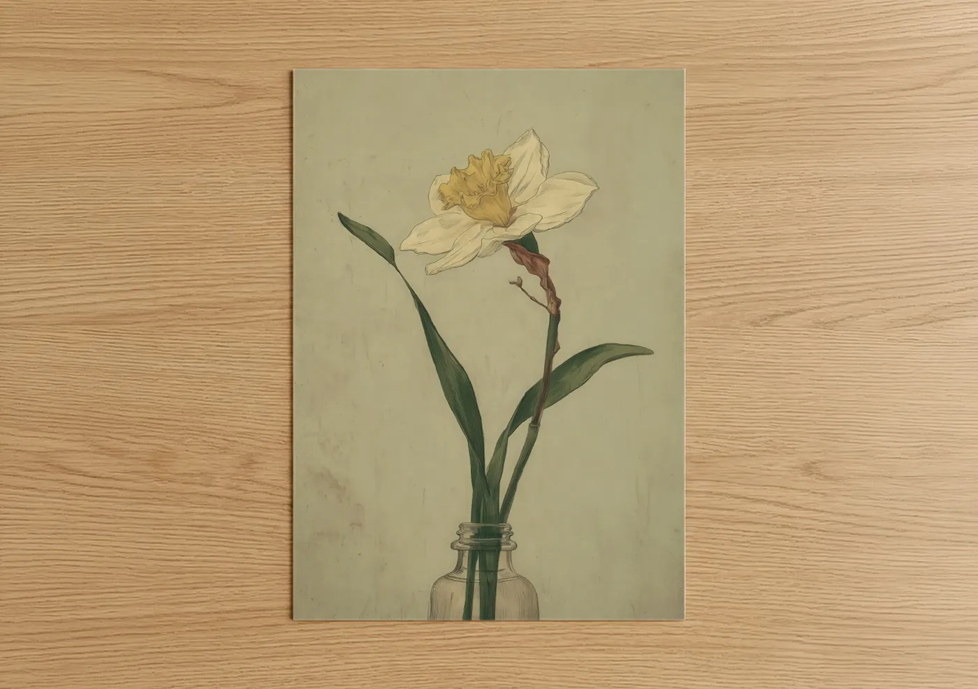 Daffodils art print on warm oak wood — cream and dark green palette — Cream Daffodil poster
