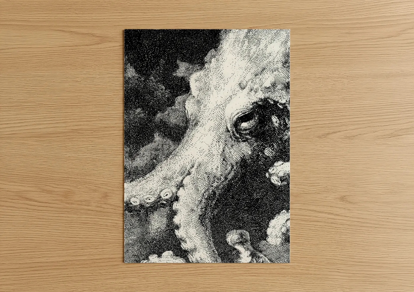 Art print on warm oak wood — black and white palette — Deep Sea Squid poster