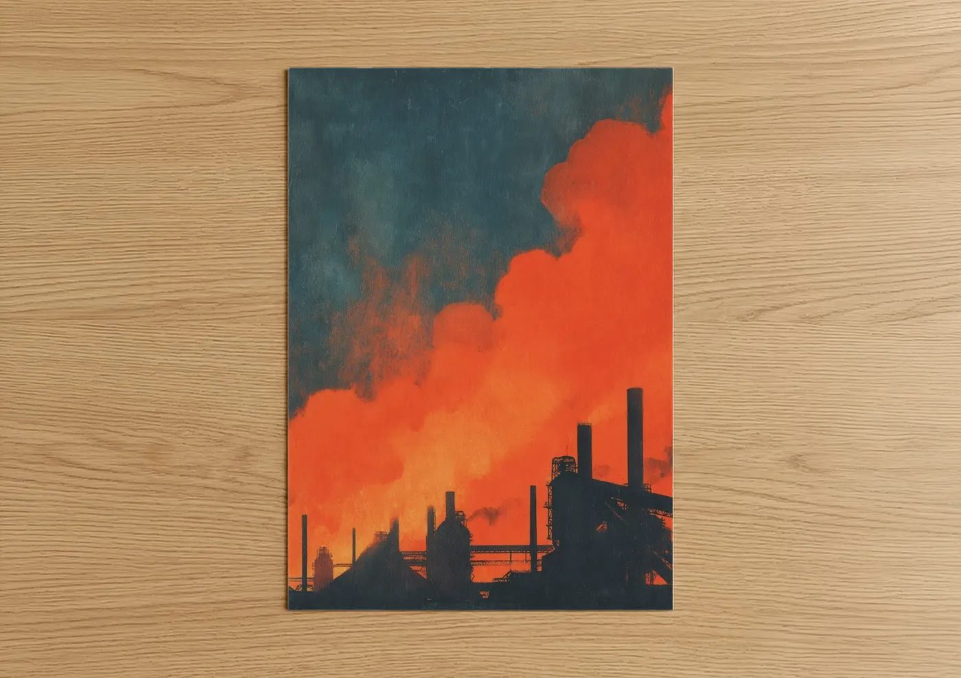 Factory art print on warm oak wood — red and orange palette — Industrial Inferno poster