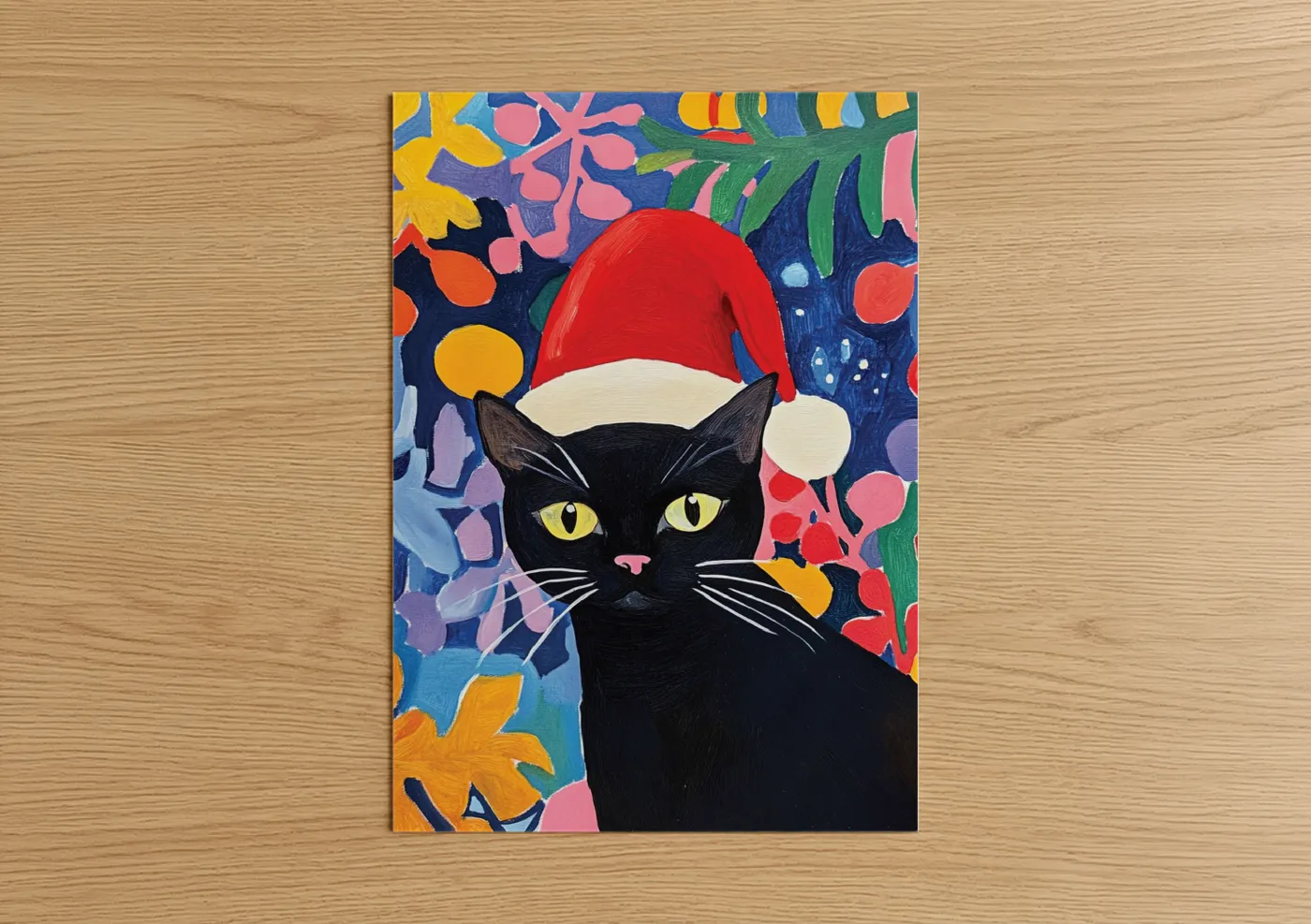 Festive Black Cat with Santa Hat Wall Art