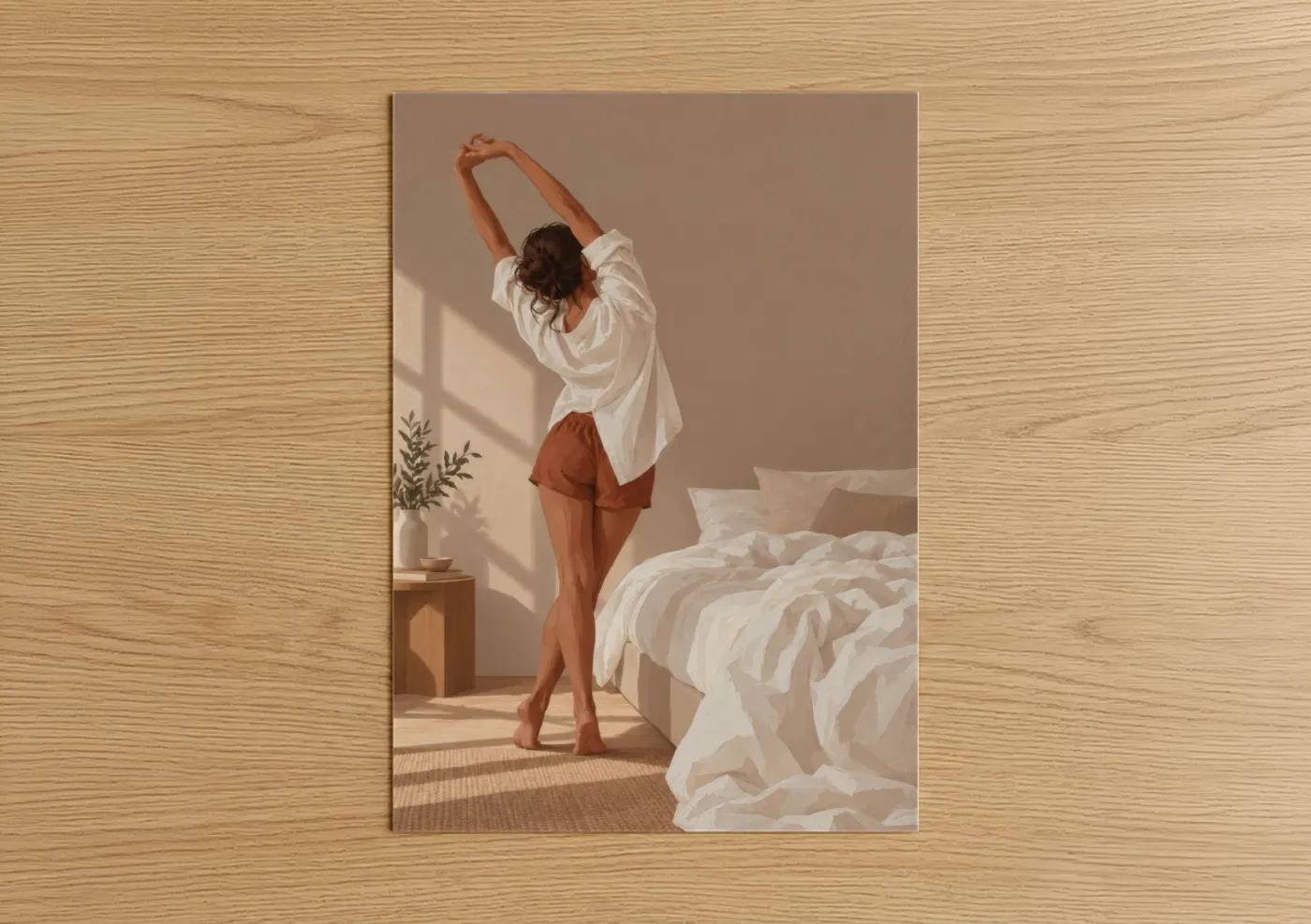 Fitness yoga art print on warm oak wood — beige and cream palette — Morning Yoga Stretch Bedroom Wall Art poster