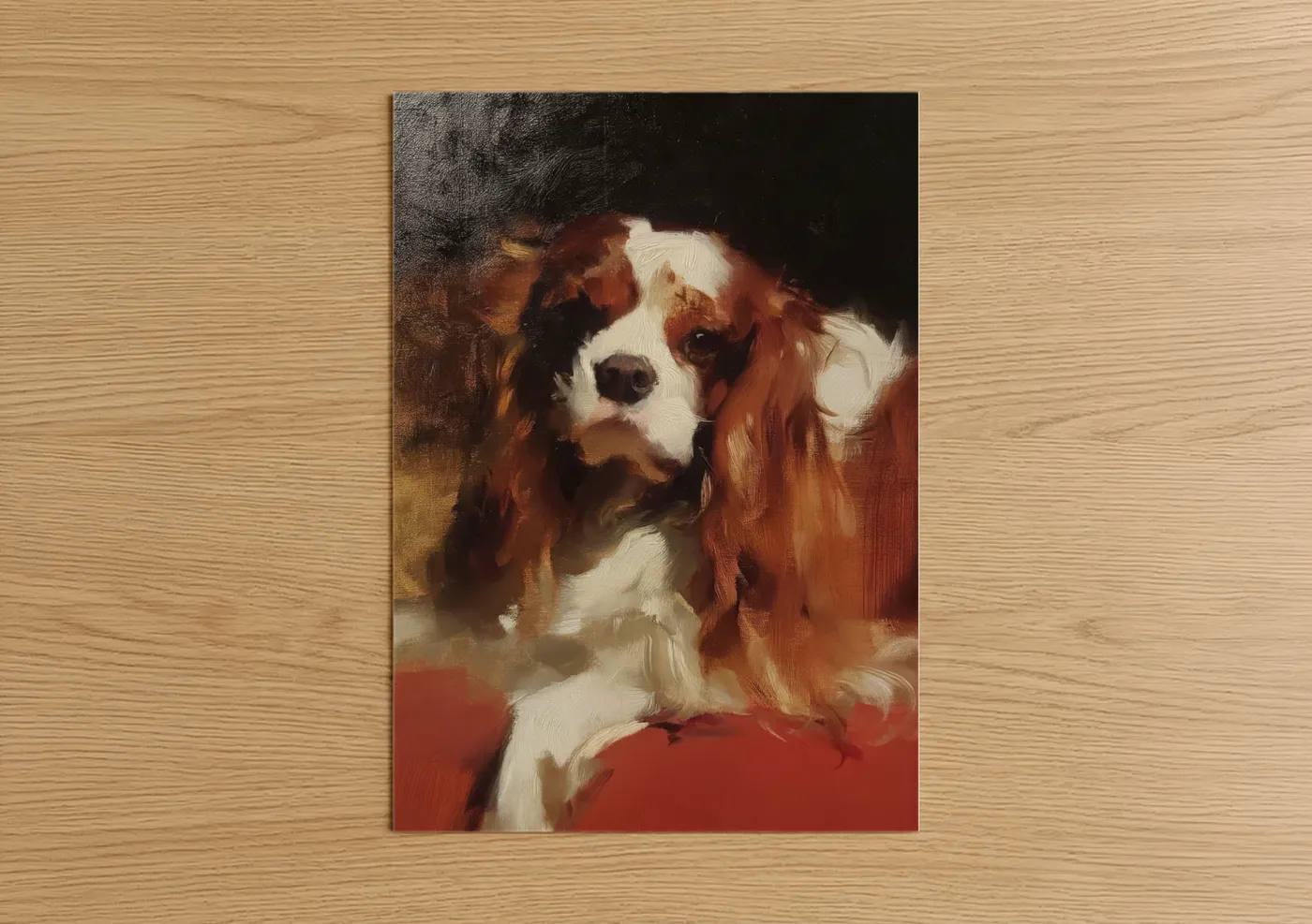 Art print on warm oak wood — russet and cream palette — Gentle Spaniel poster