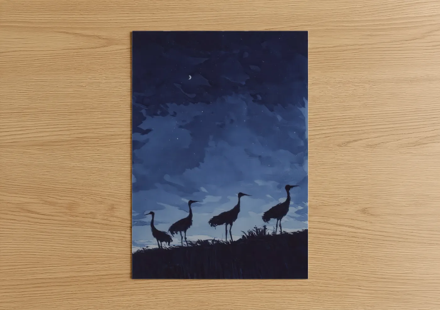 Silhouette Cranes Night Sky Watercolor Wall Art