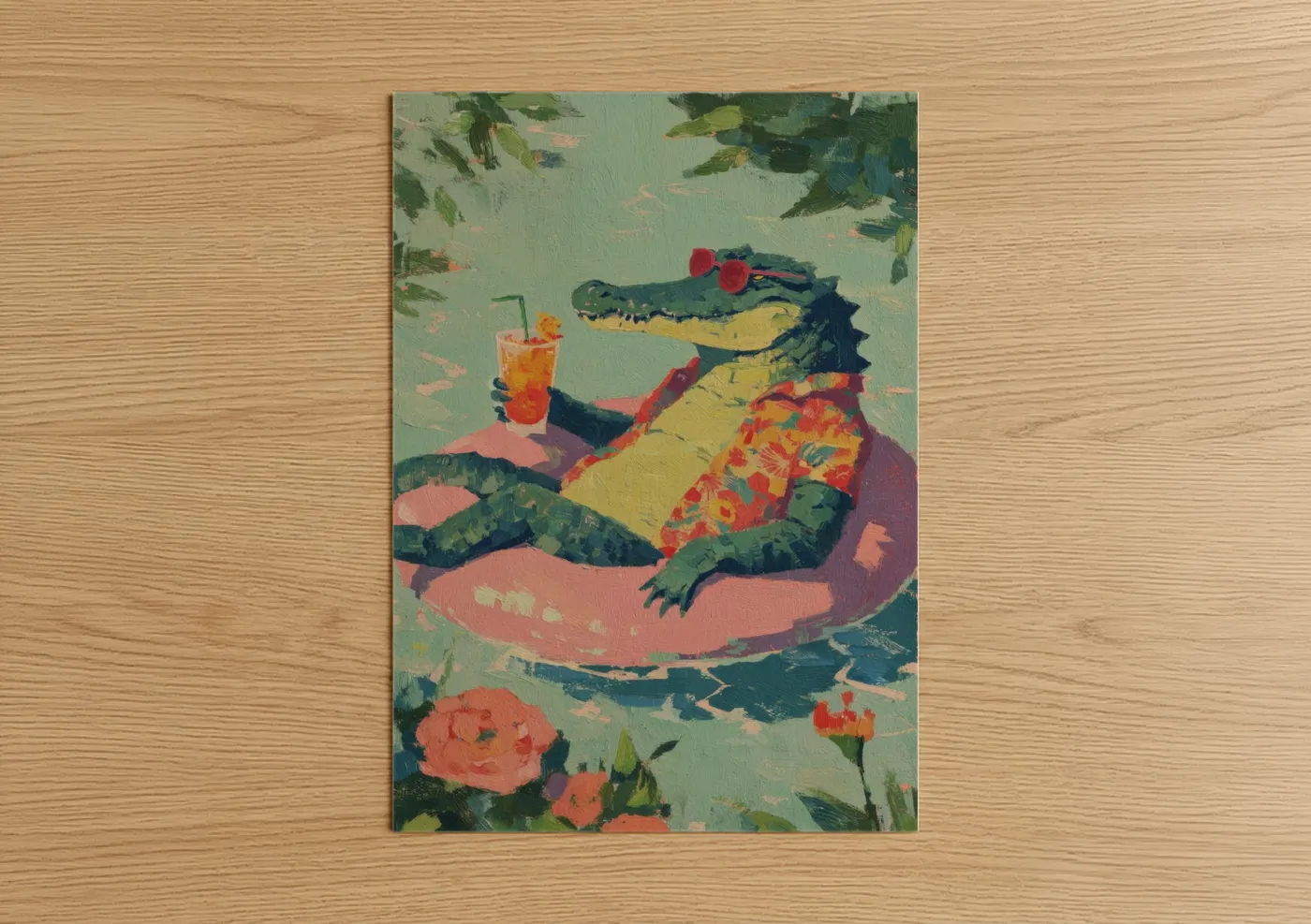 Art print on warm oak wood — sage green palette — Poolside Alligator poster
