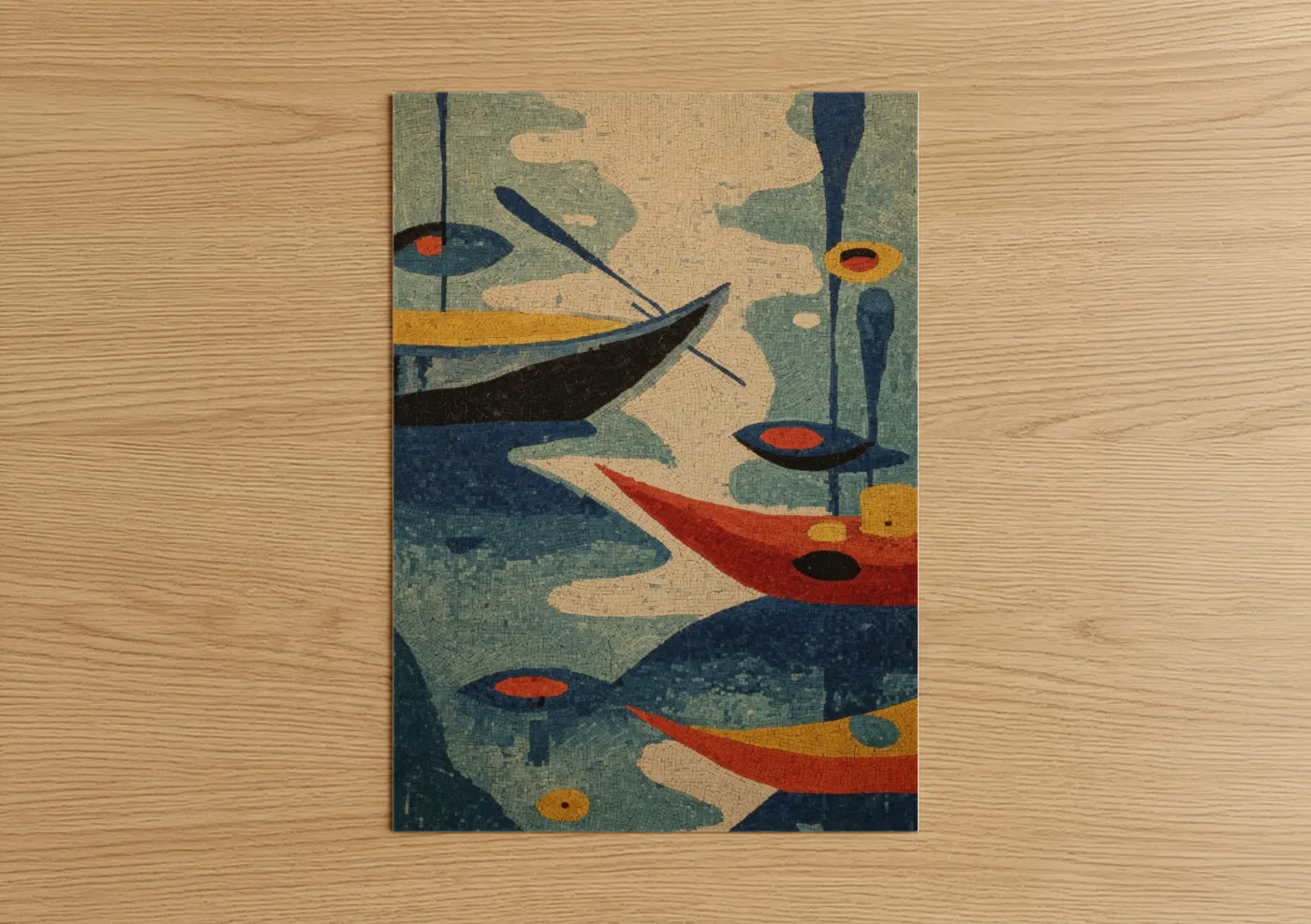 Kayaks and canoes art print on warm oak wood — blue and gold and teal palette — Colorful Kayak Fleet poster