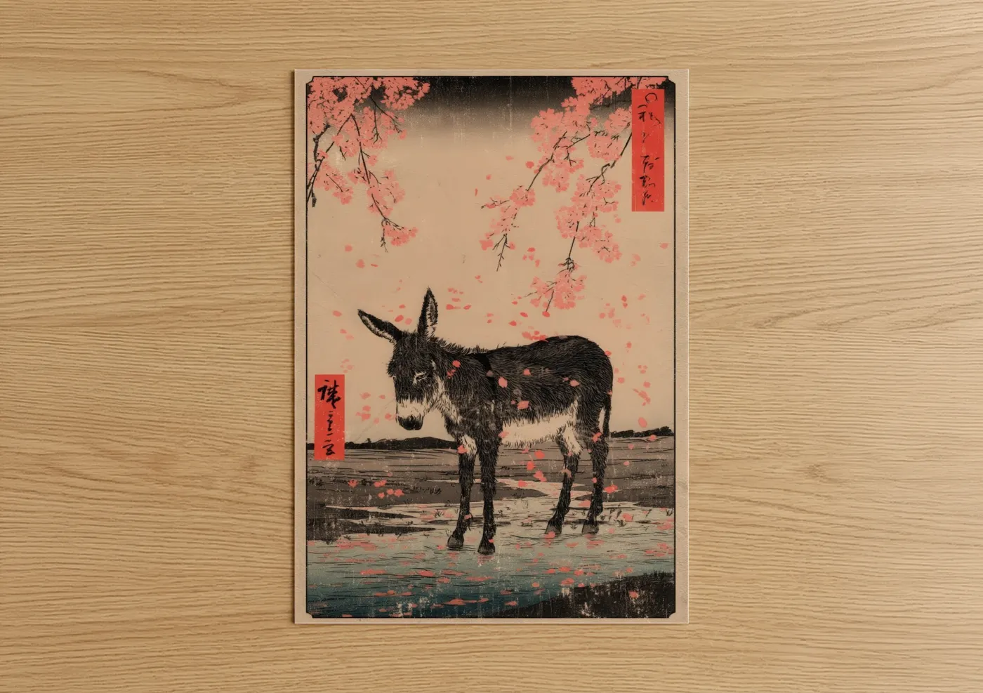Art print on warm oak wood — salmon pink and black and white palette — Blossom Donkey poster