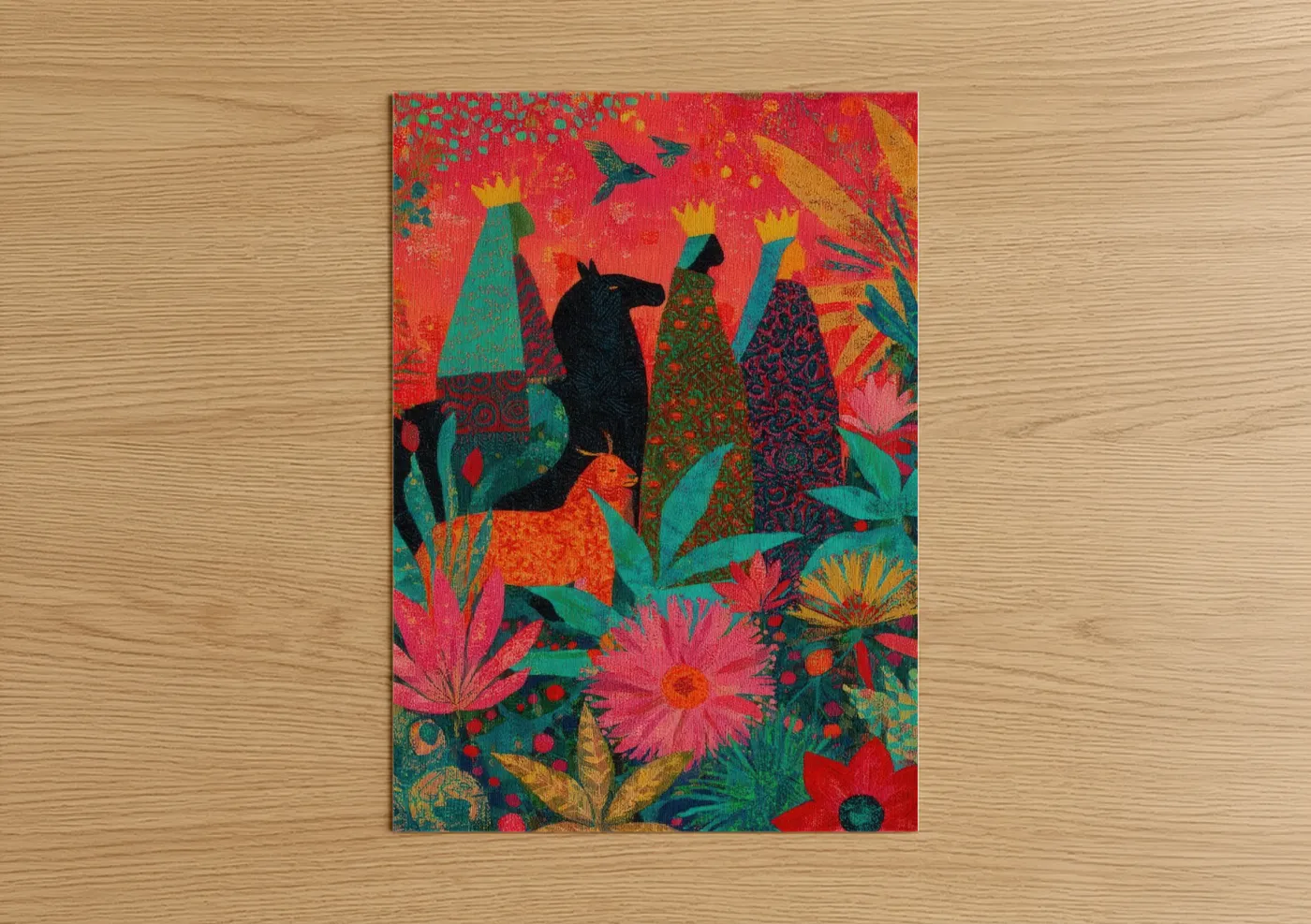 Art print on warm oak wood — red and gold palette — Epiphany Camel poster