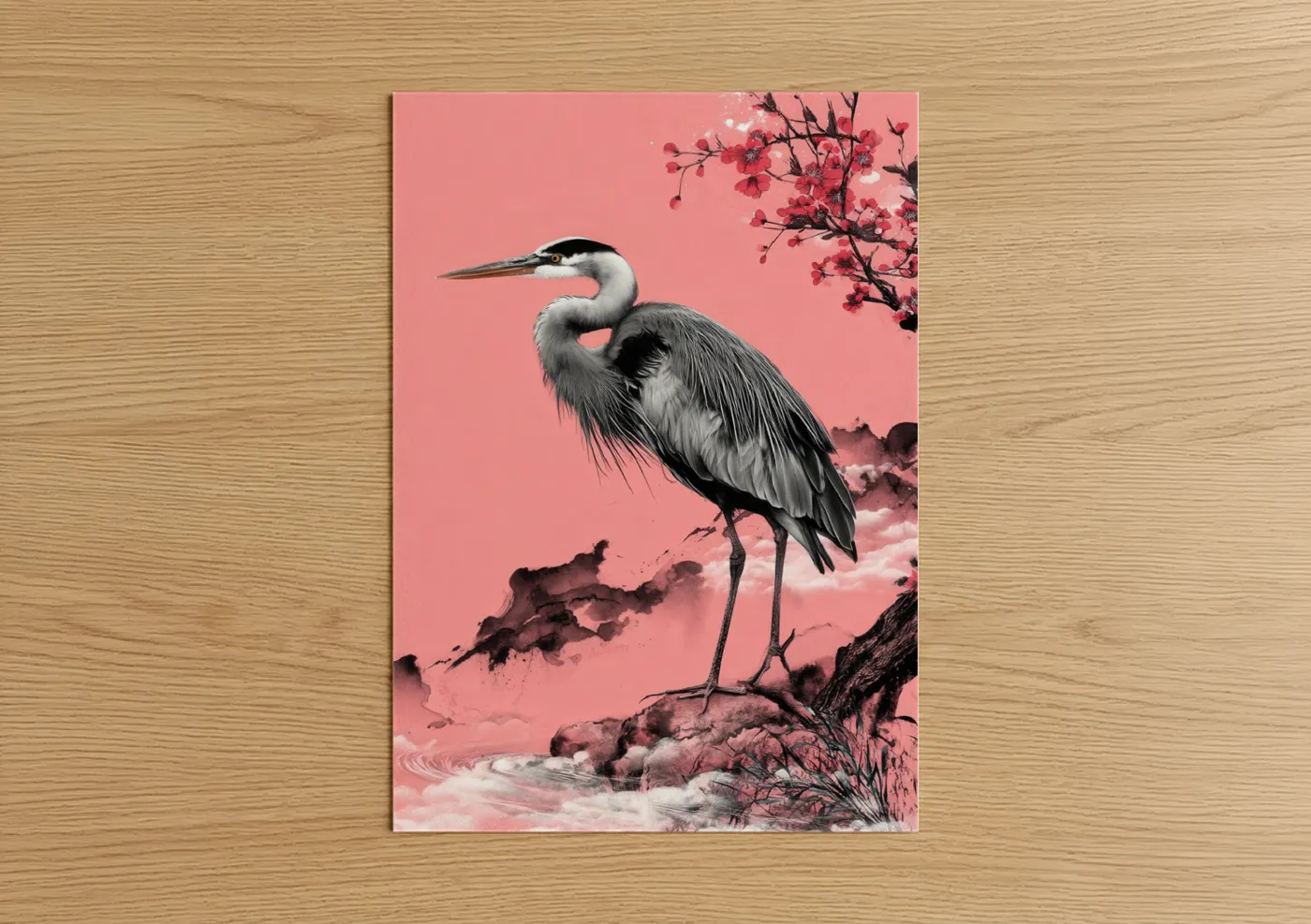 Pink Heron Watercolor Bird Wall Art