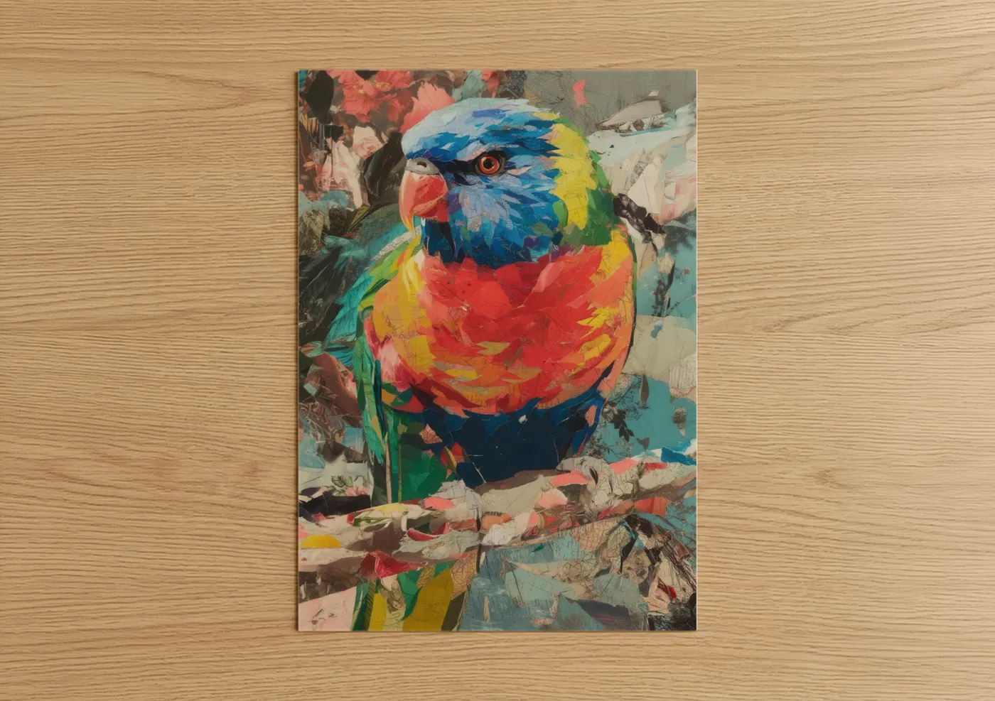 Art print on warm oak wood — red and blue palette — Rainbow Lorikeet Abstract poster