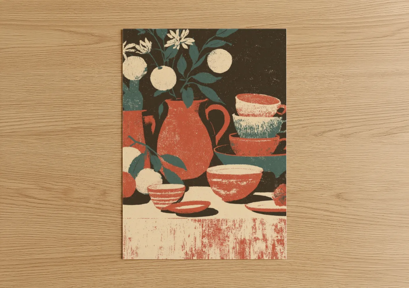 Cinco de mayo art print on warm oak wood — red and teal palette — Festive Citrus Celebration poster