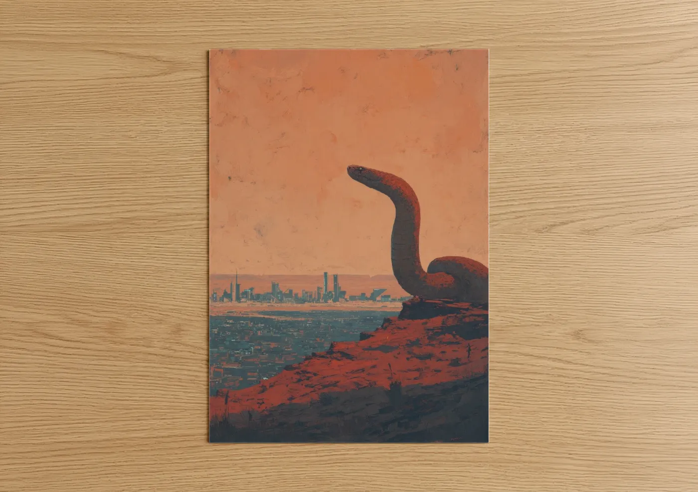 Art print on warm oak wood — orange and brown palette — Desert Rattlesnake poster