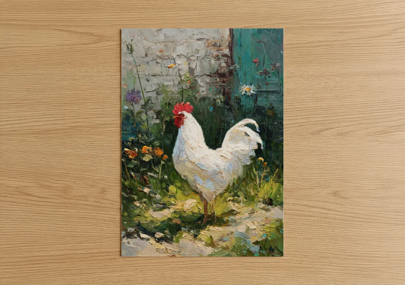 Chicken and roosters art print on warm oak wood — white and teal palette — Garden Rooster poster
