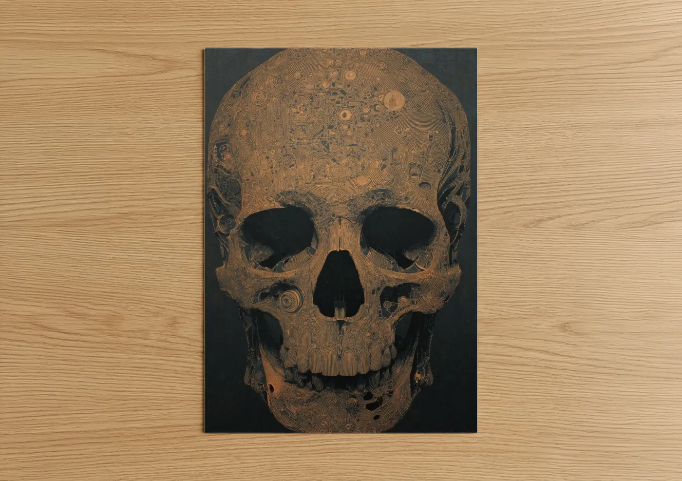 Art print on warm oak wood — gold and black palette — Mechanical Skull poster