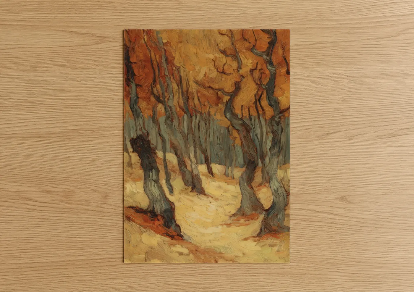 Art print on warm oak wood — gold and russet palette — Autumn Oak Forest poster