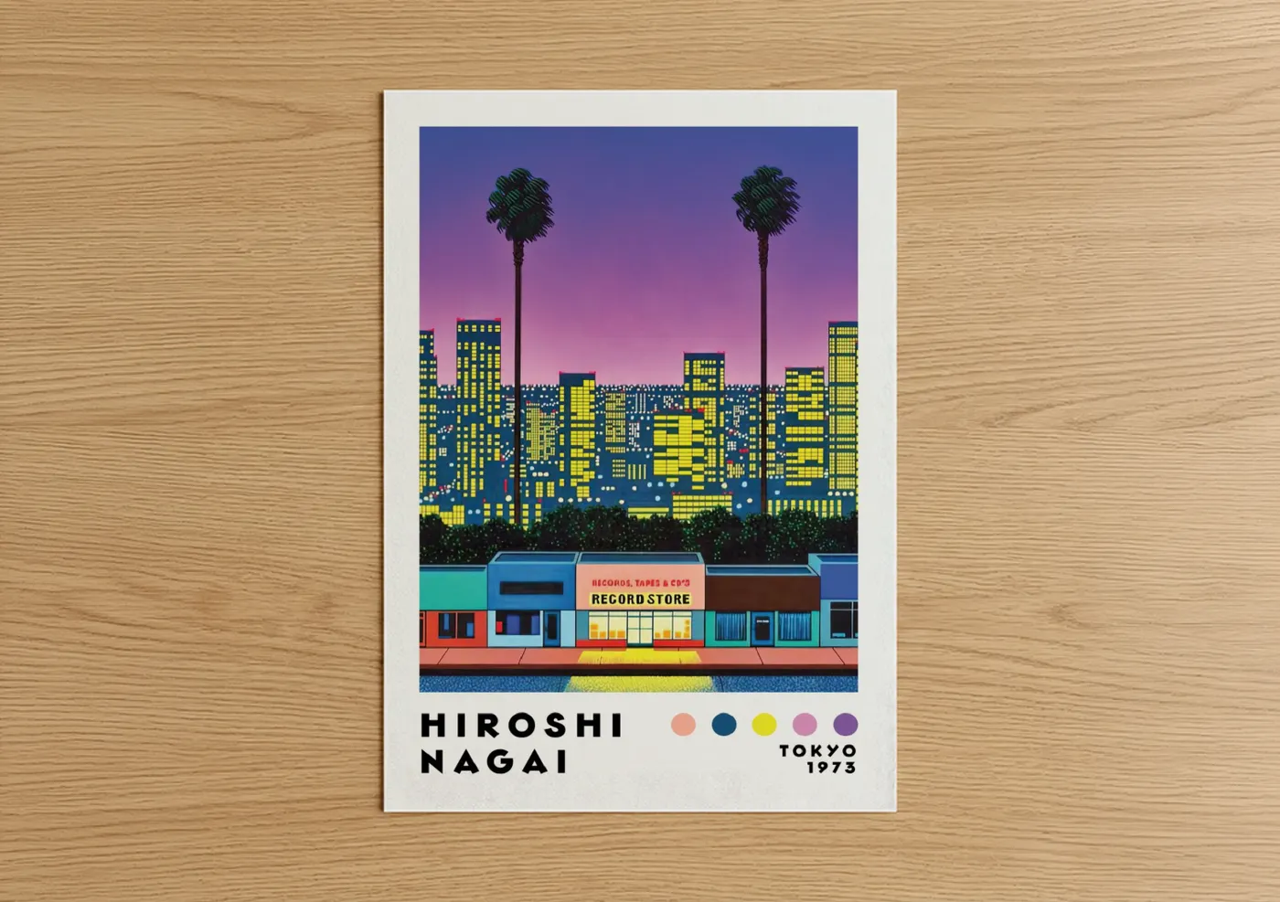 Skyscraper art print on warm oak wood — purple and blue palette — Retro Tokyo Record Store Cityscape Wall Art poster