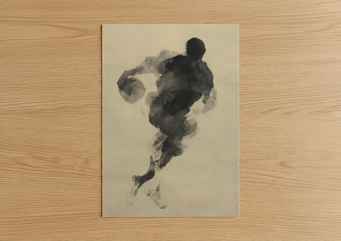 Art print on warm oak wood — black and white and nobel palette — Dynamic Basketball Player poster