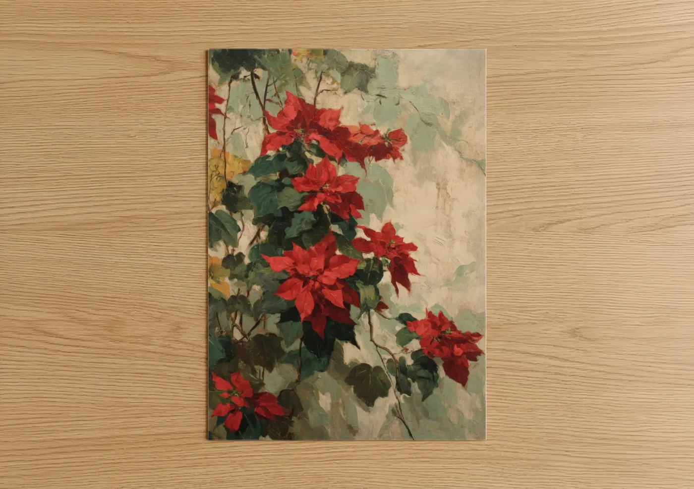 Art print on warm oak wood — red and dark green palette — Crimson Poinsettias poster
