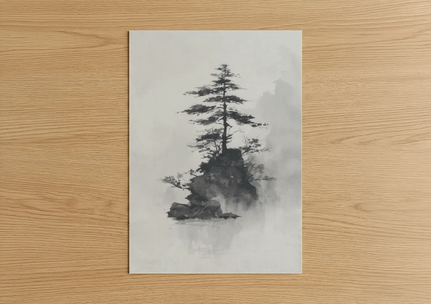 Misty Island Pine Tree Watercolor Wall Art