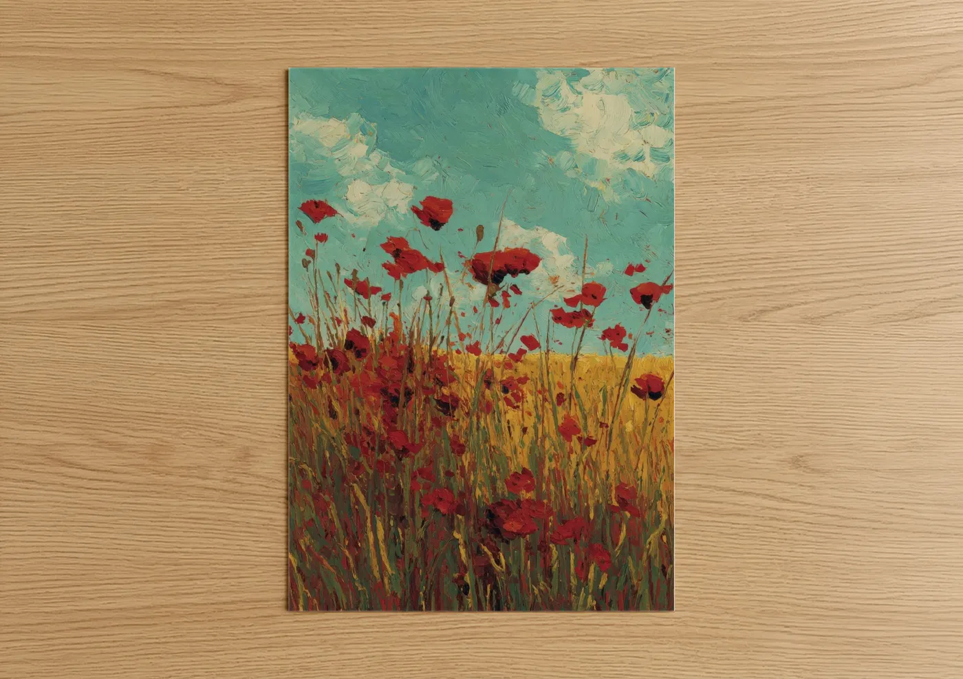 Crimson Poppy Field Turquoise Sky Wall Art