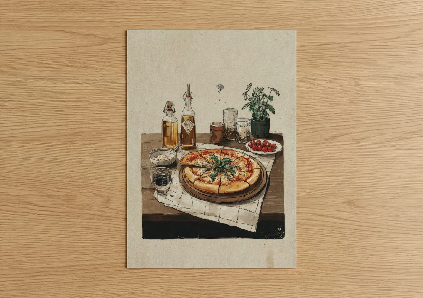 Fast food art print on warm oak wood — cream and brown palette — Pizza Table Setting poster
