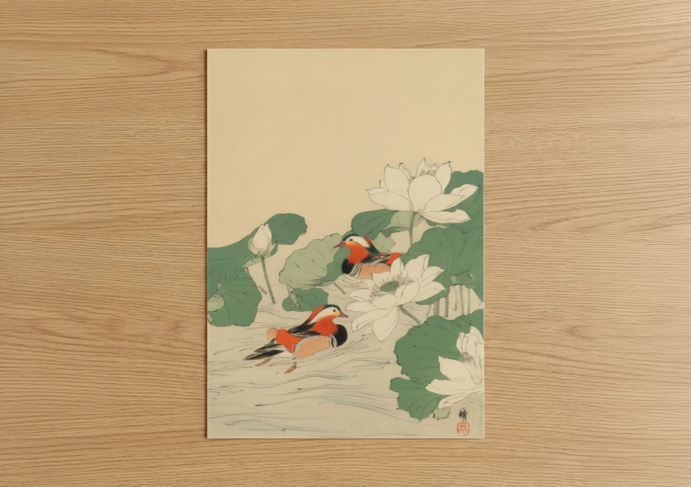 Art print on warm oak wood — cream and dark green palette — Lotus Ducks poster
