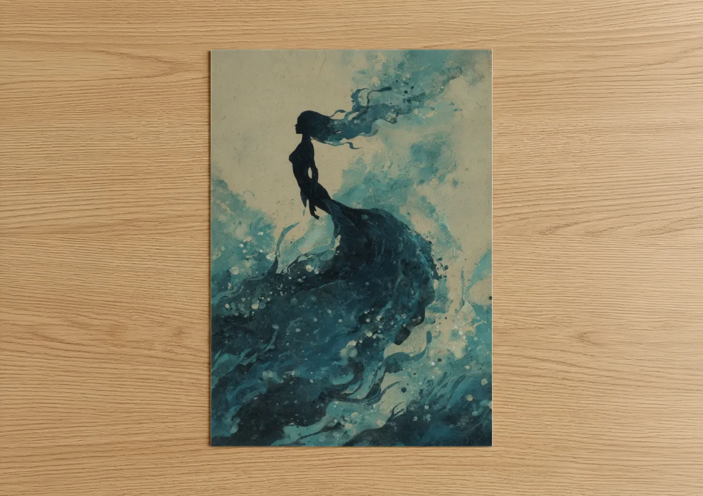 Art print on warm oak wood — teal and cream palette — Ethereal Mermaid poster