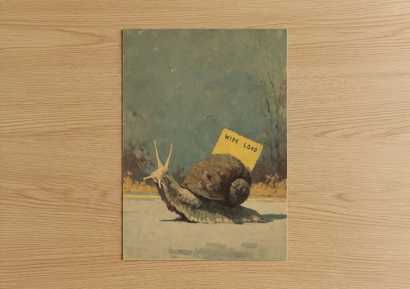 Art print on warm oak wood — sage green and beige palette — Wide Load Snail poster
