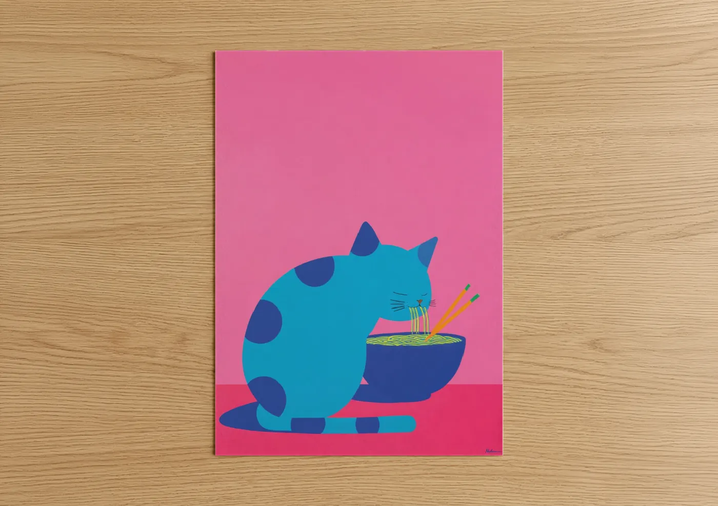 Art print on warm oak wood — blue and pink palette — Noodle Cat poster