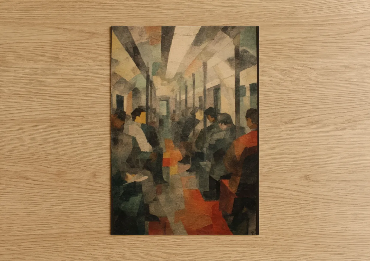 Subway art print on warm oak wood — beige and olive palette — Urban Commute poster