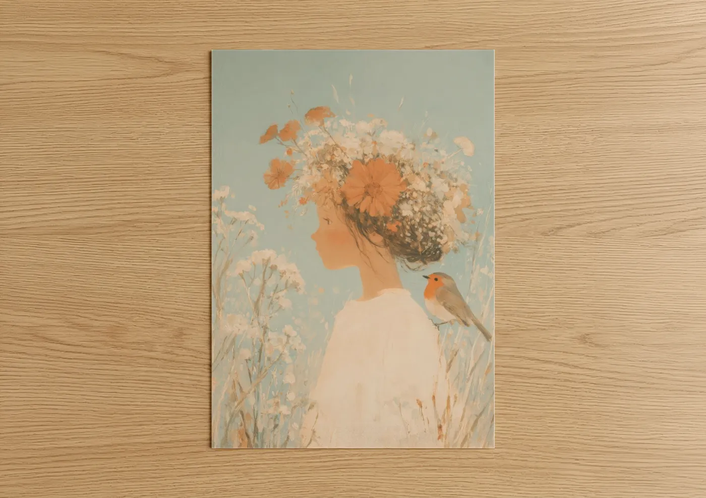 Art for girl art print on warm oak wood — peach and sage green palette — Wildflower Dreamer poster