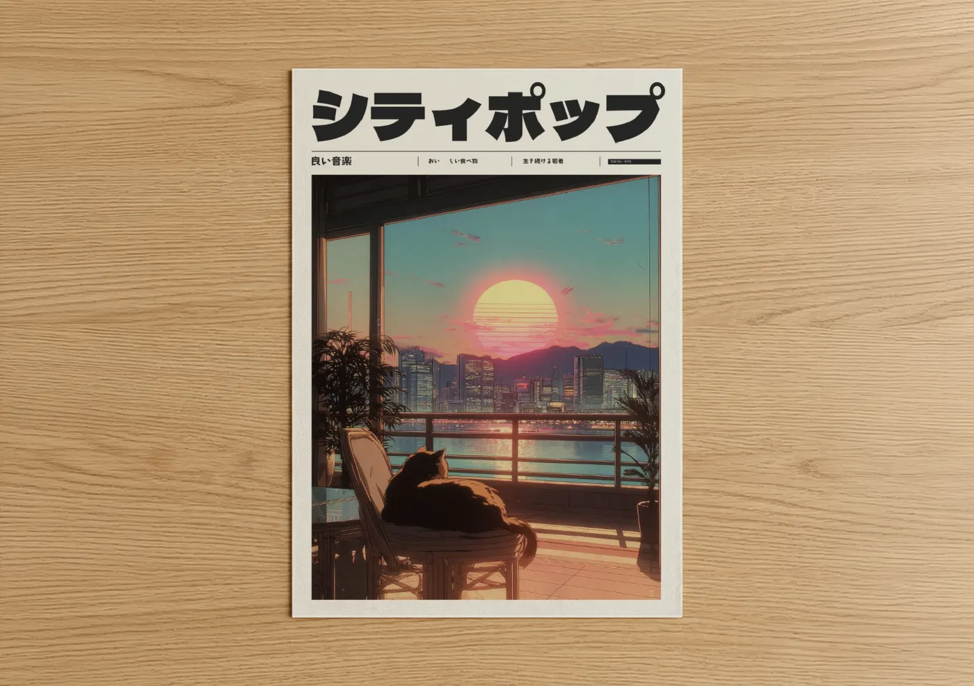 Anime Cat Sunset City View Wall Art