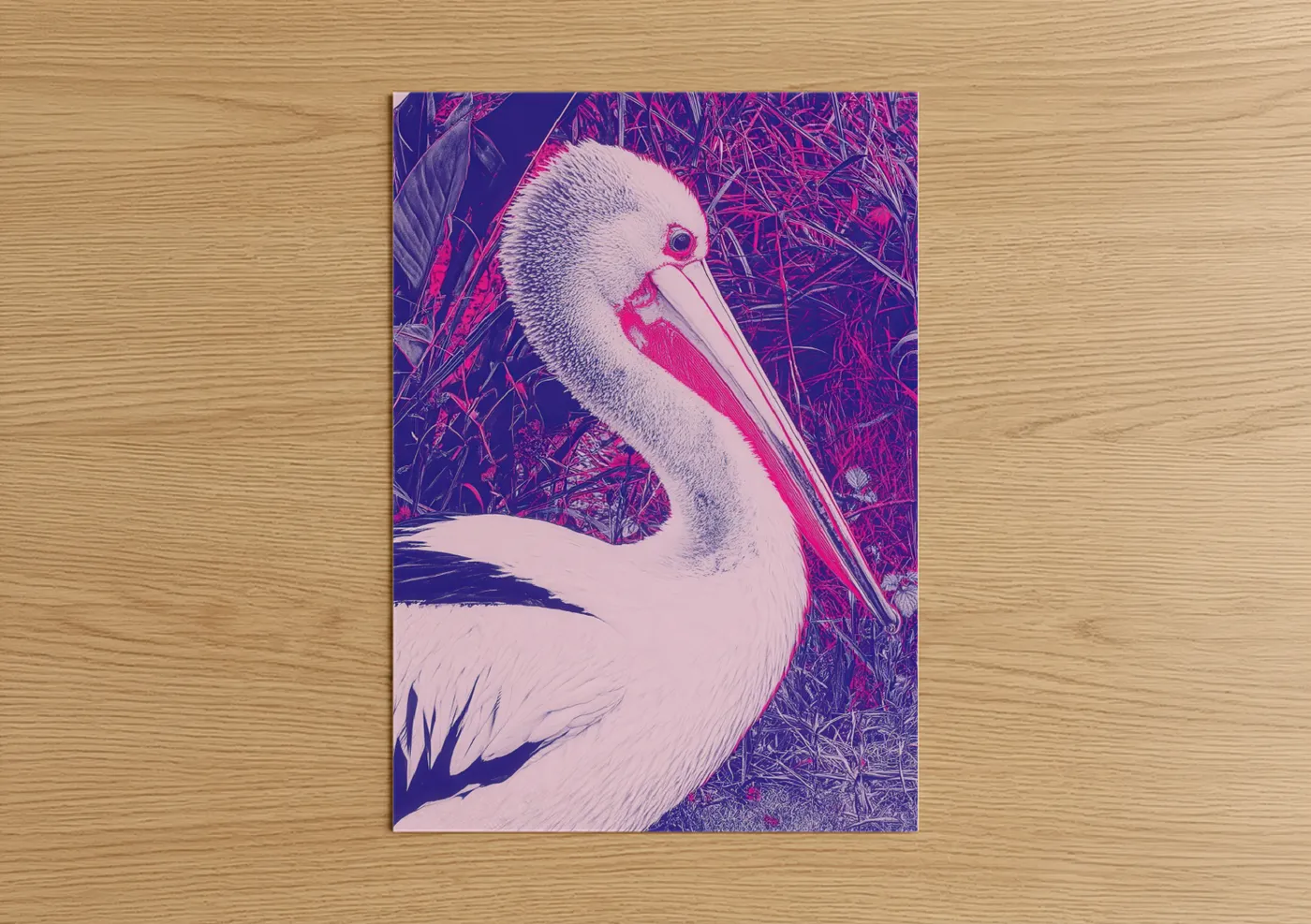 Art print on warm oak wood — magenta and purple palette — Neon Pelican poster