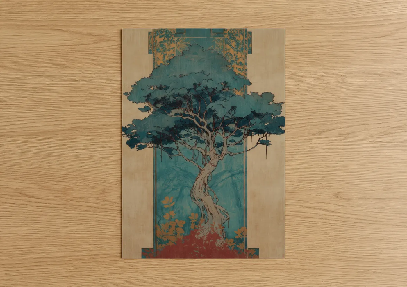 Art print on warm oak wood — teal and gold palette — Teal Banyan Tree poster
