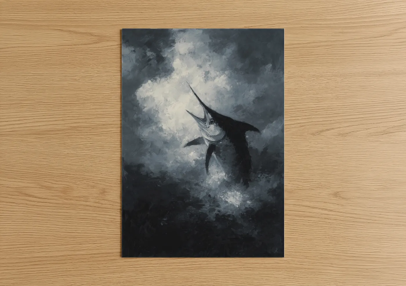 Blue marlin art print on warm oak wood — gray and black and white palette — Rising Marlin poster