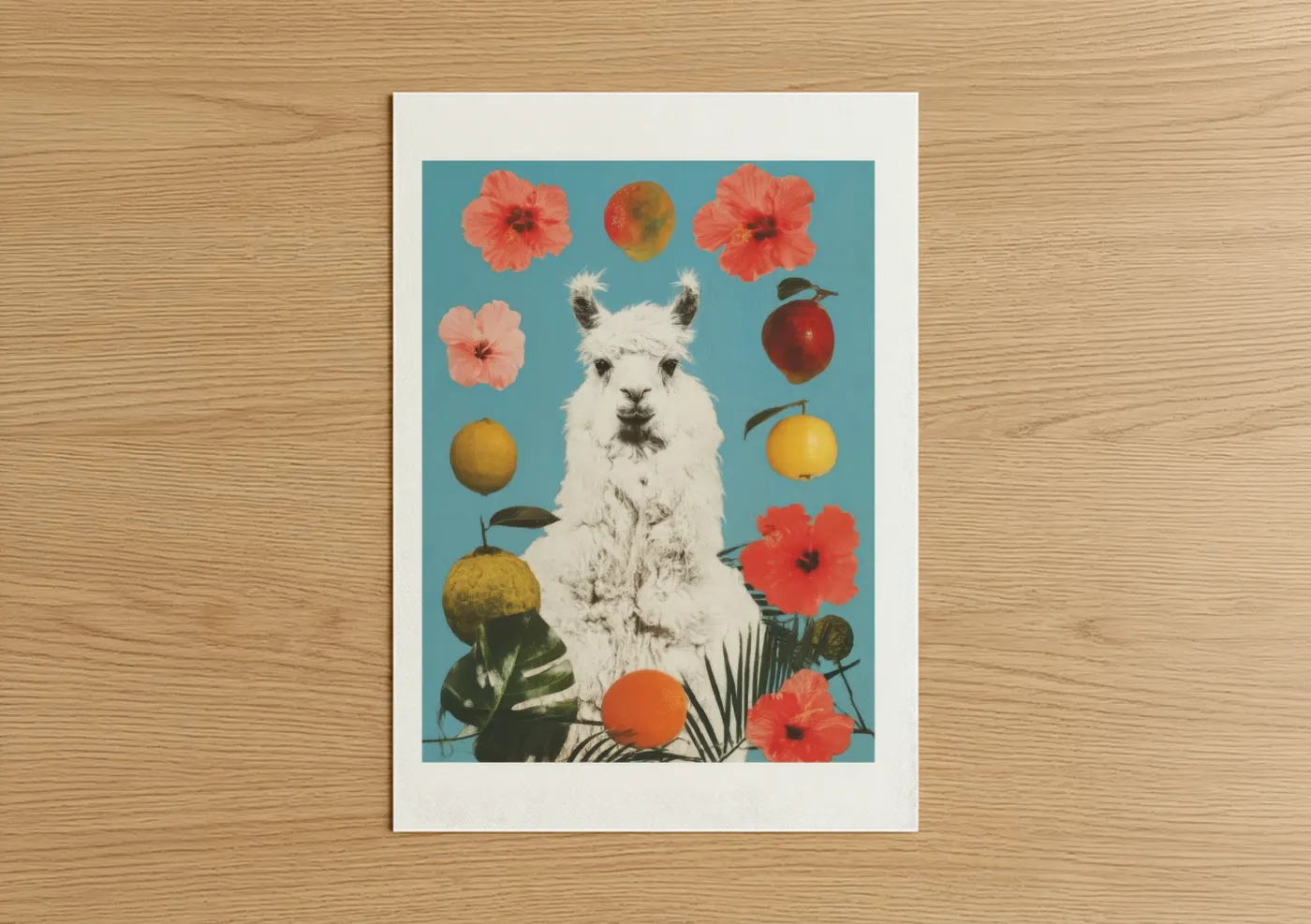 Tropical Llama Portrait with Flowers Wall Art