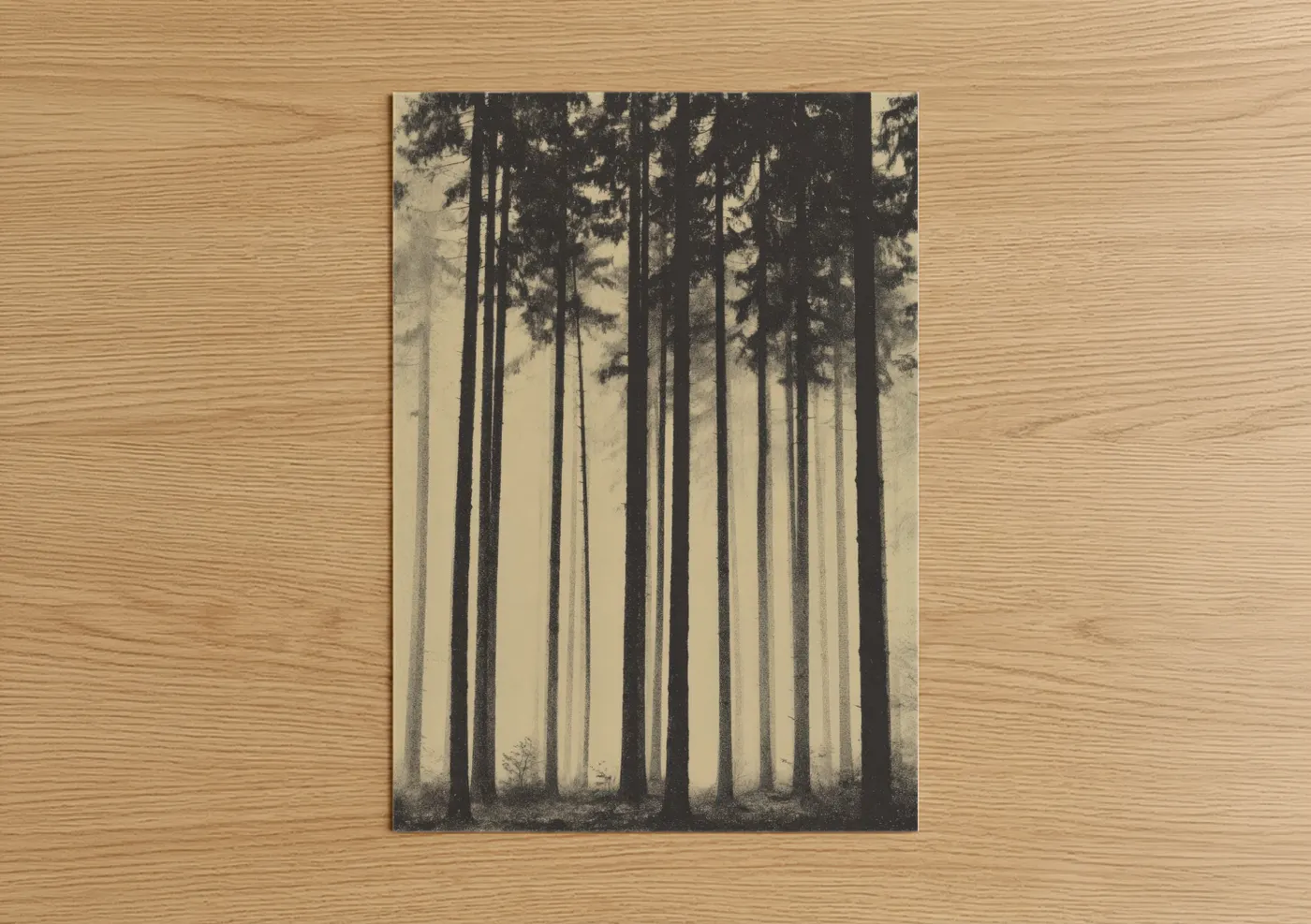 Art print on warm oak wood — black and white and dove gray palette — Misty Cedar Forest poster