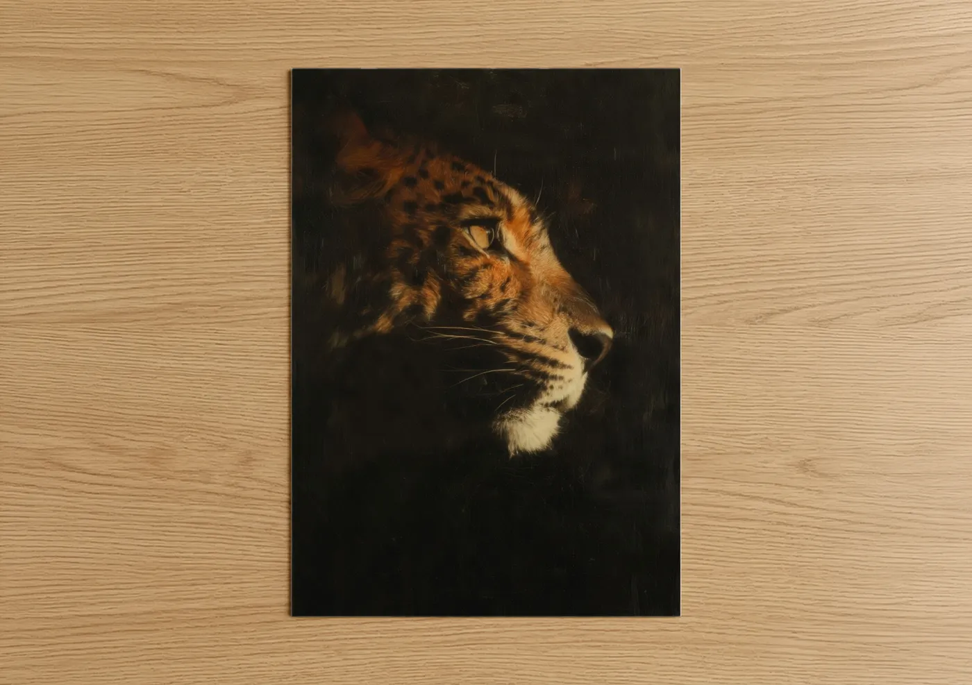 Art print on warm oak wood — gold and black palette — Golden Leopard poster