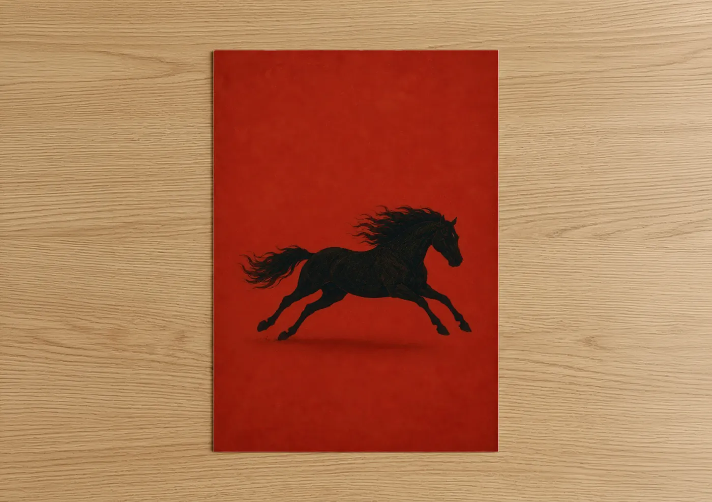 Art print on warm oak wood — red and black and red palette — Black Horse Silhouette Red Wall Art poster