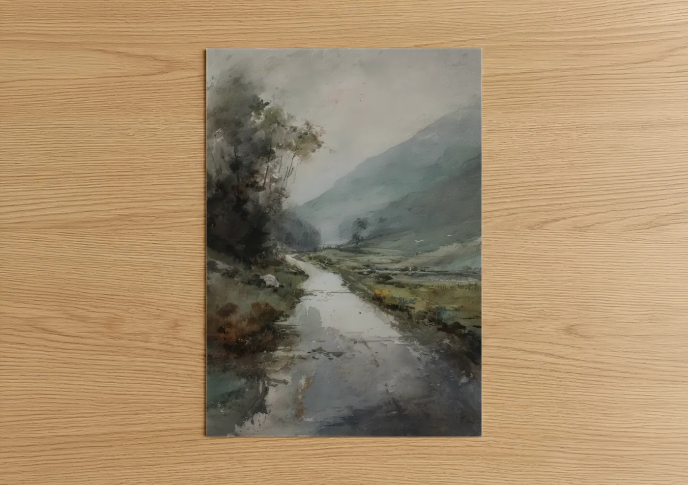 Road and highways art print on warm oak wood — gray and sage green palette — Mountain Valley Road poster