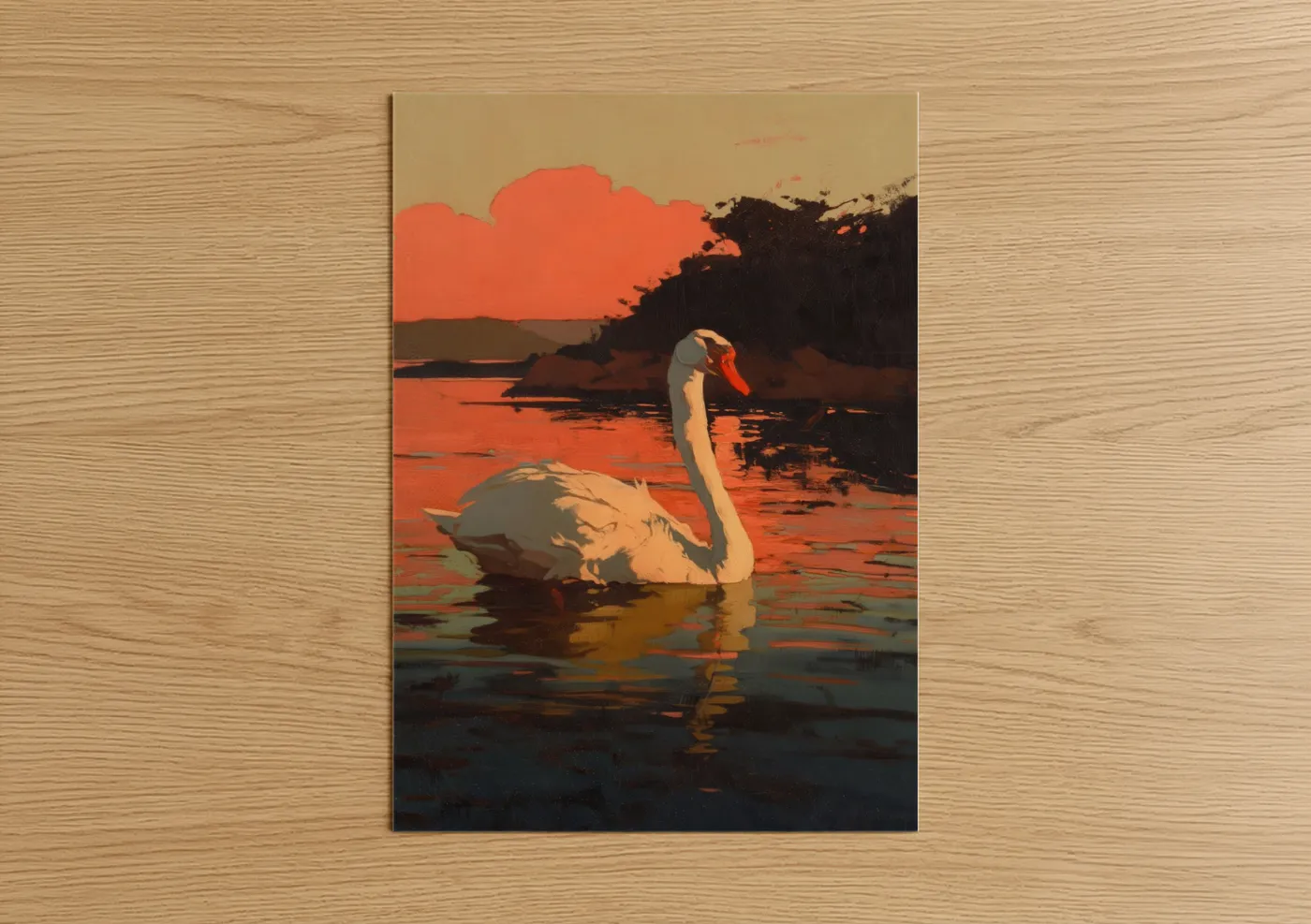 Art print on warm oak wood — gold and black and gold palette — Sunset Swan poster