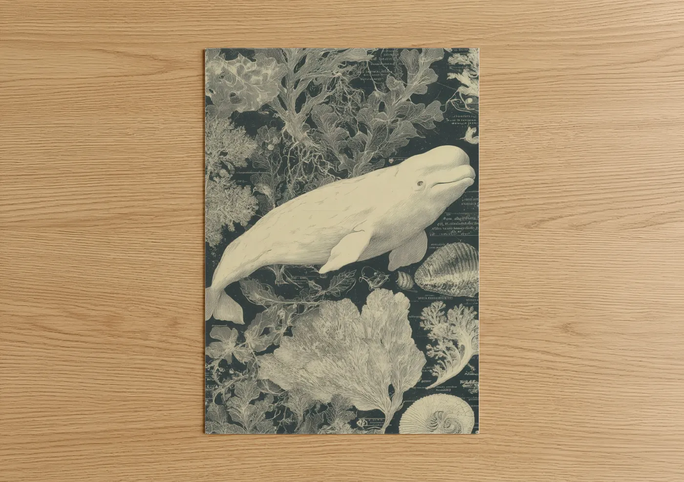 Art print on warm oak wood — cream and black and white palette — Beluga Whale Study poster
