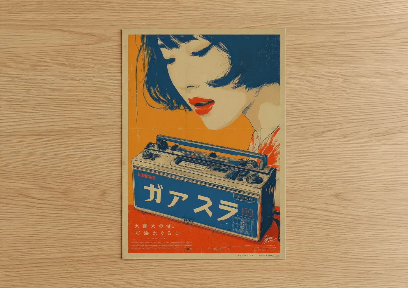Vintage japanese ads art print on warm oak wood — orange and dark blue palette — Retro Broadcast Girl poster